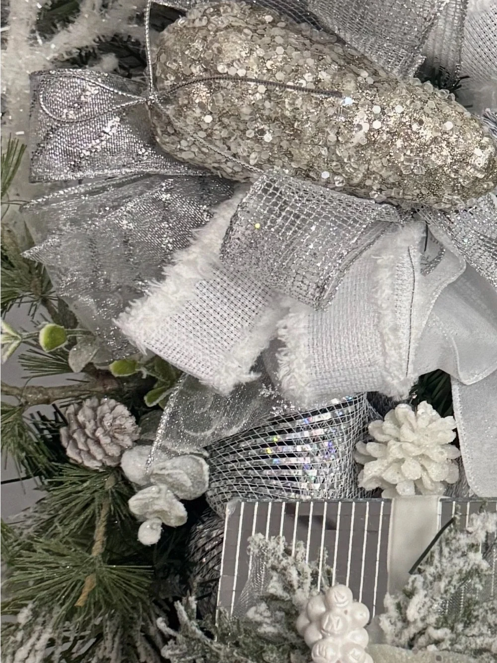 Silver Glitter Pinecone and Snow Owl Holiday Wreath Accent with Lights